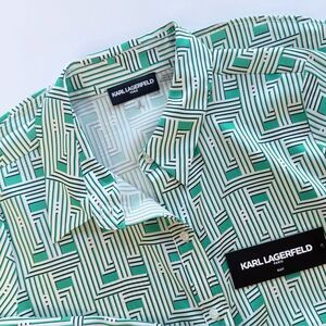 NWT Karl Lagerfeld Paris Geometric Satin Button Down Shirt Kelly Green Multi M